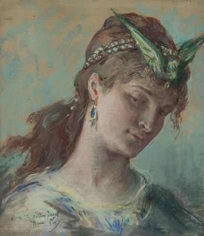 Henri LEVY
Portrait de femme à l'oiseau vert
Pastel,...