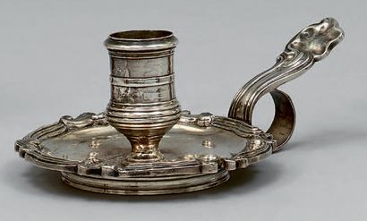 Bougeoir à main en argent de forme ronde,...