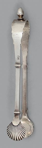 Pince à sucre en argent uni souligné de joncs,...