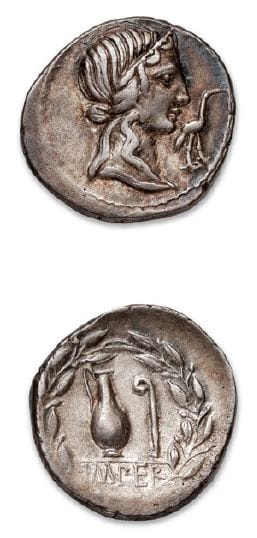 CAECILIA (81 av. J.-C.)
Denier.
Tête diadémée...