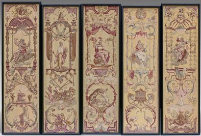 Cinq grands panneaux en tapisserie fine «Les...