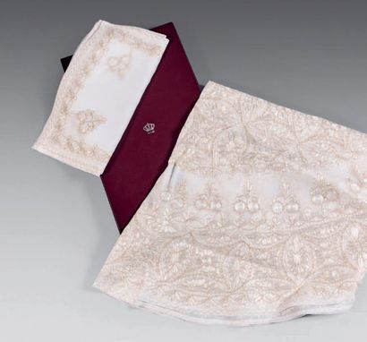 White organza tablecloth with white and gold...