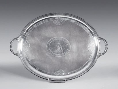 Large oval silver-plated tray with handles,...