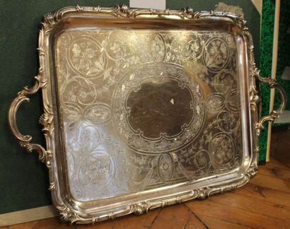 Rectangular silver-plated metal tray with...