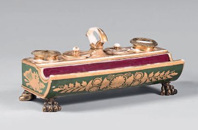 Rectangular inkwell with four porcelain cups...