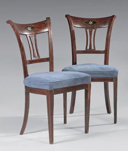 Pair of mahogany and brass mesh chairs with...