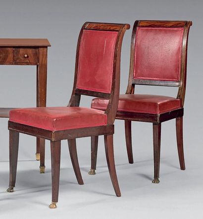 Pair of mahogany veneer chairs with overturned...