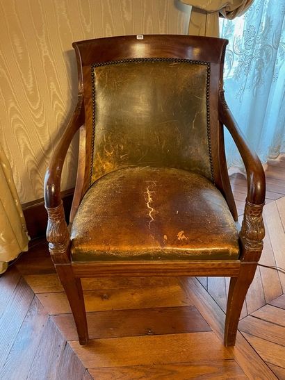 Mahogany armchair, dolphin armrests, sabre...