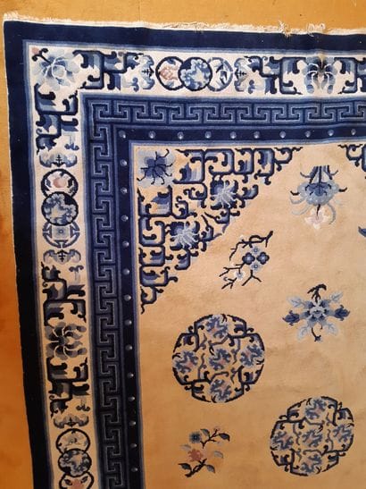 TWO Chinese RUGS, one in blue and beige wool...