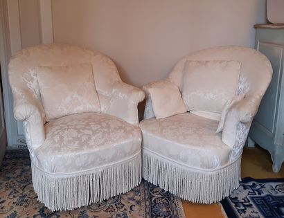 PAIR OF CRAPAUD ARMCHAIRS with bangs upholstered...