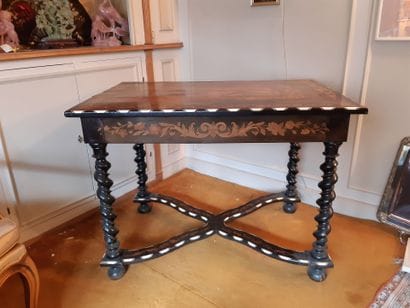 TABLE in rosewood and blackened wood, inlaid...