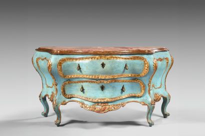 A movement-shaped COMMODE in blue relacquered...