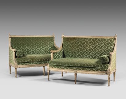 Pair of small flat-back sofas, the uprights...