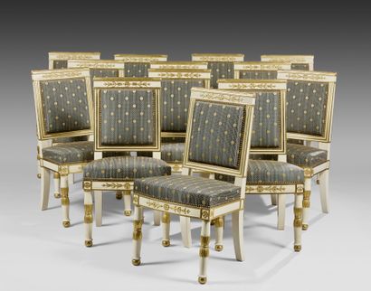Suite of thirteen flat-back chairs in white...
