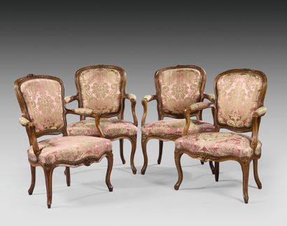 SET OF THREE cabriolet-back beechwood armchairs,...