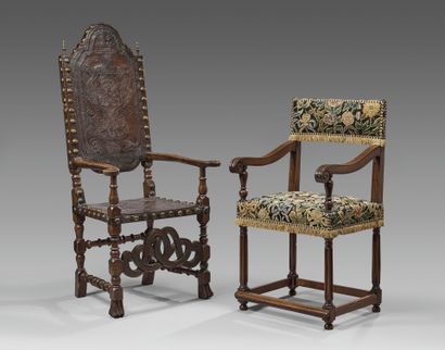 Flat-back walnut ceremonial armchair. Baluster...