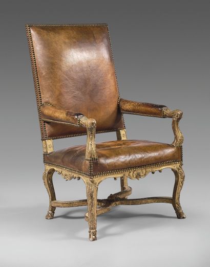 Large flat-back armchair upholstered in gilded...