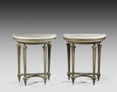 Pair of small half-moon consoles in grey...