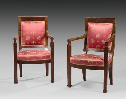 Paire de fauteuils en acajou et placage d'acajou....