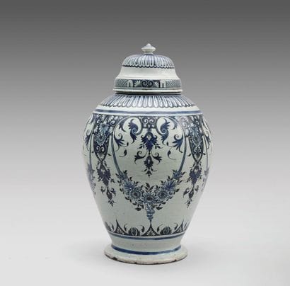 Covered earthenware vase decorated with lambrequins...
