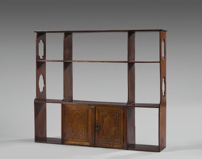 Mahogany and walnut hanging shelf with eight...