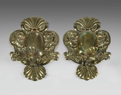 Pair of one-arm light plates, in yellow copper...
