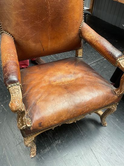 Large flat-back armchair upholstered in gilded...