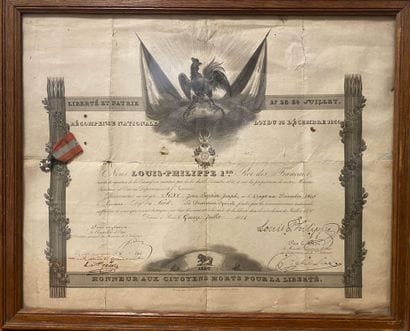 Croix de Juillet, créée en 1830, diplôme...