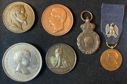 Lot of six: one St. Helena medal in patinated...
