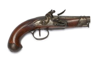 Pistolet de voyage à silex. 
Canon rond à...