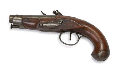 Pistolet de voyage à silex. 
Canon rond à...