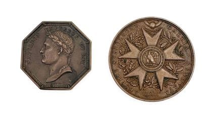 Set of two commemorative medals in patinated...
