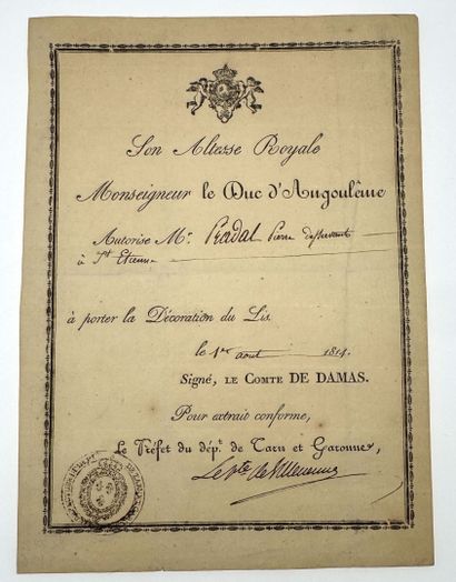 Décoration du Lys, lot de sept diplômes imprimés...