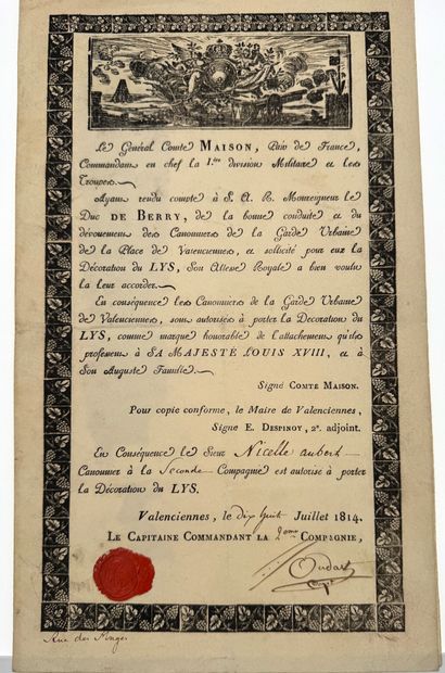 Décoration du Lys, lot de sept diplômes imprimés...