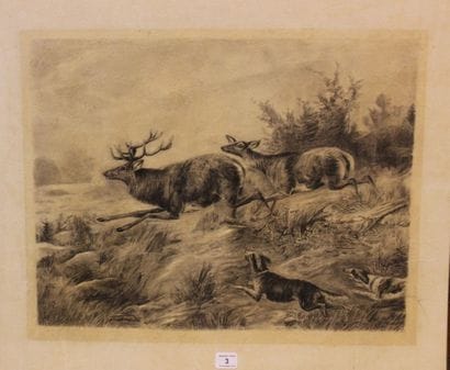 Scène de chasse, gravure en noir, 28 x 37...
