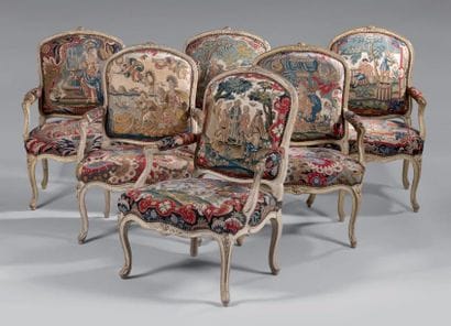 Suite de six fauteuils à dossier plat à la...