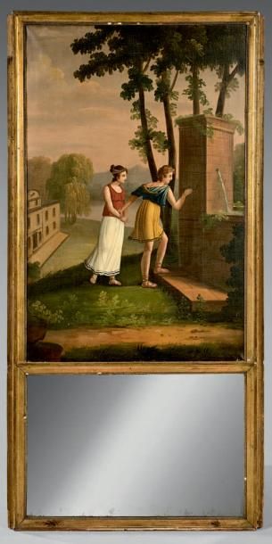 Trumeau en bois doré à miroir surmonté d'une...