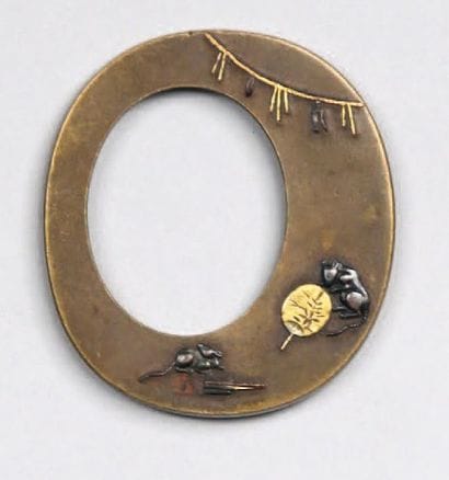 Tsuba (?) en sentoku décorée de deux rats...
