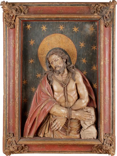 Ecce Homo en bois sculpté en haut-relief...