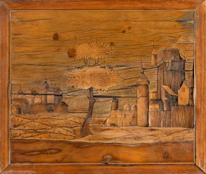Petite table en marqueterie de château fort,...