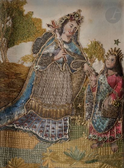 Panneau de broderie en fils de soie polychrome,...