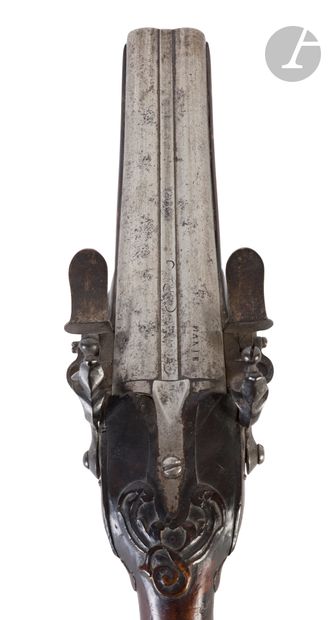 Double flintlock pistol. 
Round barrels with...