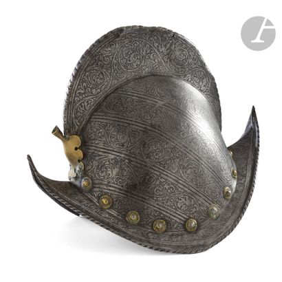 High-crested one-piece wrought-iron Morion....
