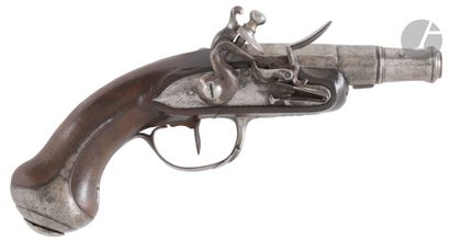 Flintlock travel pistol. 
Round barrel with...