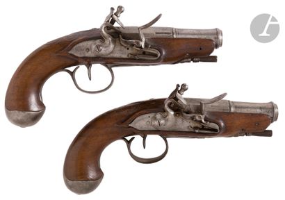 Pair of flintlock travel pistols. 
Round...