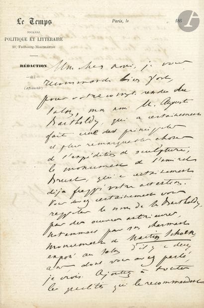 [Auguste BARTHOLDI]. L.A.S. by Auguste NEFFTZER...