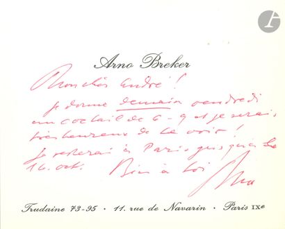 Arno BREKER (1900-1991). 2 autograph cards,...