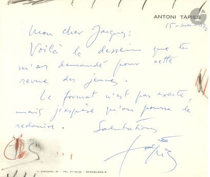 Antoni TÀPIES (1923-2012). L.A.S. with drawings,...