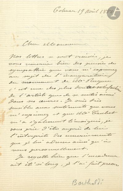 Auguste BARTHOLDI. L.A.S., Colmar April 19,...