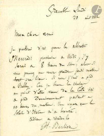 Hector BERLIOZ (1803-1869). L.A.S., Grenoble...